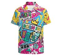 LARSD Camisas de los años 80 para hombre de los años 90, camisa vintage retro hawaiana de playa, camisa de discoteca de neón divertida camisa de fiesta, Nacida en los años 90, Large