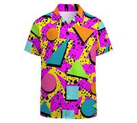 LARSD Camisa hawaiana para hombre, camisa casual con botones y manga corta, estampado Funky Aloha, Rosa Geométrico 80s, X-Large