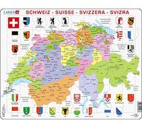 Larsen K43 Mapa político de Suiza, edición en Multilingüe (Alemán/Francés/Italiano), Puzzle de marco con 70 piezas