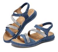 Larwen Sandalias para mujer elegantes y cómodas: sandalias de plantilla suave con soporte de arco para mujer, zapatos casuales de verano con diamantes de imitación, Azul, 41.5 EU