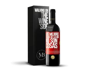 «Las mejores cosas de la vida no son cosas» Mensaje en una Botella. Vino Tinto Premium Reserva 12 Meses + Gift Box. Etiqueta Roja PERSONALIZABLE