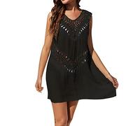 Las mujeres crochet patchwork sin mangas traje de baño encubrimiento traje de baño crochet encubrimientos para vestidos de playa, Negro , XXL