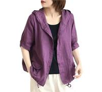 Las Mujeres de algodón de Lino Chaqueta de Primavera y Verano de Manga Corta Delgada Sudadera con Capucha Suelta Casual cómodo de algodón de Lino Chaqueta con Capucha (Púrpura,XL)