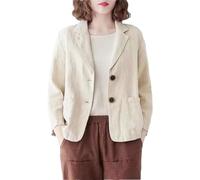 Las Mujeres de algodón y Lino Blazer Primavera y Verano Suelta Casual de un Solo Color de Solapa de Manga Larga Hebilla Chaqueta Delgada (Beige,M)