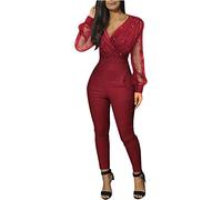 Las Mujeres de Boda Elegante Mono de Verano de Manga Larga con Cuello en V de Malla de Cuello en V de Manga Larga Delgado Mono de Encaje Desgaste del Partido (Rojo,M)