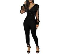 Las Mujeres de Boda Elegante Mono de Verano de Manga Larga con Cuello en V de Malla de Cuello en V de Manga Larga Delgado Mono de Encaje Desgaste del Partido (Negro,XL)