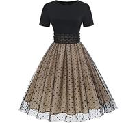 Las Mujeres de Manga Corta de Malla de Lunares Vestido de Tul Vestido de Swing de Verano de Cuello Redondo de Manga Corta de Lunares Empalme Vestido Vintage Hepburn (Caqui,L)