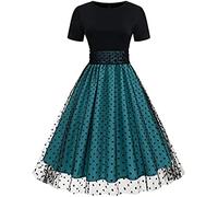 Las Mujeres de Manga Corta de Malla de Lunares Vestido de Tul Vestido de Swing de Verano de Cuello Redondo de Manga Corta de Lunares Empalme Vestido Vintage Hepburn (Azul,XL)