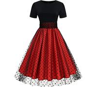 Las Mujeres de Manga Corta de Malla de Lunares Vestido de Tul Vestido de Swing de Verano de Cuello Redondo de Manga Corta de Lunares Empalme Vestido Vintage Hepburn (Rojo,M)