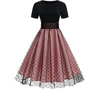 Las Mujeres de Manga Corta de Malla de Lunares Vestido de Tul Vestido de Swing de Verano de Cuello Redondo de Manga Corta de Lunares Empalme Vestido Vintage Hepburn (Rosa,M)