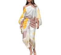 Las Mujeres De OtoñO E Invierno De Cuello Oblicuo Impreso Linterna De Manga Larga De Manga Suelta Top + Dobladillo De Borla Falda De Medio Cuerpo