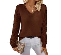 Las Mujeres De Primavera Y OtoñO Hueco De Punto Jumper Pullover De Manga Larga Suelta V-Cuello De Color SóLido Bottoming Tops