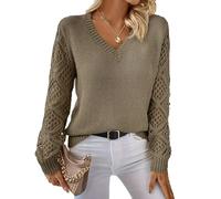 Las Mujeres De Primavera Y OtoñO Hueco De Punto Jumper Pullover De Manga Larga Suelta V-Cuello De Color SóLido Bottoming Tops