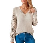 Las Mujeres De Primavera Y OtoñO Hueco De Punto Jumper Pullover De Manga Larga Suelta V-Cuello De Color SóLido Bottoming Tops