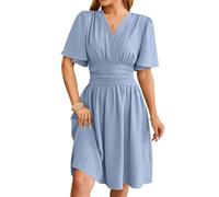 Las Mujeres De Primavera Y Verano De Color SóLido con Cuello En V De Cintura Manga Acampanada De Manga Corta De Moda De CercaníAs Vestidos Casuales