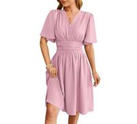 Las Mujeres De Primavera Y Verano De Color SóLido con Cuello En V De Cintura Manga Acampanada De Manga Corta De Moda De CercaníAs Vestidos Casuales