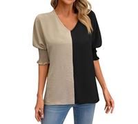 Las mujeres de verano de moda casual con cuello en V sueltas de murciélago mangas color a juego top camiseta fiesta tops, caqui, XXL