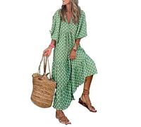 Las Mujeres De Verano Vestido Boho Puff De Manga Corta Casual Maxi Vestido De Vacaciones En La Playa Floral Imprimir V-Cuello Largo Vestido