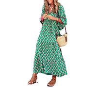 Las Mujeres De Verano Vestido Boho Puff De Manga Corta Casual Maxi Vestido De Vacaciones En La Playa Floral Imprimir V-Cuello Largo Vestido