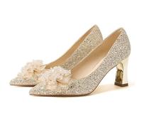 Las mujeres genéricas punta puntiaguda de encaje zapatos de novia con decoración floral de tacón medio grueso zapatos de mujer con cordones de tobillo para fiesta o fiesta, dorado, 37 EU