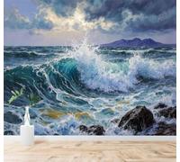 Las Olas Rompen Contra Las Rocas A Lo Lejos Se Montañas El Cielo Está Nublado Paisaje Marino Papel Pintado 3D Seda Texturizada Primera Calidad Neutros Material Ideal Para SalóN Dormitorio-250cm×170cm