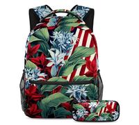 Las plantas de la bandera estadounidense vuelven a la escuela con nuestro juego de mochila y estuche para niños, niñas y adolescentes, Multicolor#04, B:29.4x20x40cm P:19x7.5x3.8cm, Mochilas Daypack