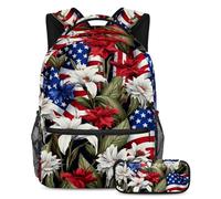 Las plantas de la bandera estadounidense vuelven a la escuela con nuestro juego de mochila y estuche para niños, niñas y adolescentes, Multicolor#02, B:29.4x20x40cm P:19x7.5x3.8cm, Mochilas Daypack