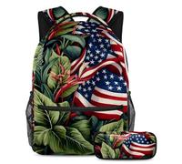 Las plantas de la bandera estadounidense vuelven a la escuela con nuestro juego de mochila y estuche para niños, niñas y adolescentes, Multicolor#06, B:29.4x20x40cm P:19x7.5x3.8cm, Mochilas Daypack
