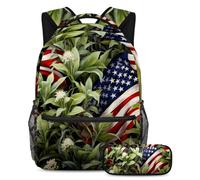 Las plantas de la bandera estadounidense vuelven a la escuela con nuestro juego de mochila y estuche para niños, niñas y adolescentes, Multicolor#07, B:29.4x20x40cm P:19x7.5x3.8cm, Mochilas Daypack