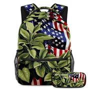 Las plantas de la bandera estadounidense vuelven a la escuela con nuestro juego de mochila y estuche para niños, niñas y adolescentes, Multicolor#05, B:29.4x20x40cm P:19x7.5x3.8cm, Mochilas Daypack
