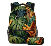 Las plantas tropicales están listas para el regreso a clases con nuestro juego de mochila y estuche para niños, niñas y adolescentes, Multicolor#01, B:29.4x20x40cm P:19x7.5x3.8cm, Mochilas Daypack