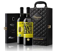 «Las princesas también nos cansamos de tanto cuento» Mensaje en una Botella. Estuche-Maletín de LUJO 2x Vino Tinto Premium Reserva 12 Meses y Set de 4 Accesorios. Etiqueta Amarilla PERSONALIZABLE