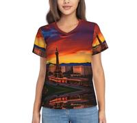 Las Vegas Sunset Print - Camisetas clásicas con cuello en V para mujer, ideales para primavera, verano y otoño, Negro, M