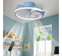 LASANYA Azul Modelado De Delfines Ventilador De Techo Con Luz, Moderno LED Silencioso Habitación Infantil Lampara Ventilador Techo, Con Altavoz Bluetooth, 50 CM Invierno Y Verano, Reversible