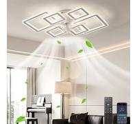 LASANYA Ventiladores De Techo Con Luz Silencioso De Cristal Blanco, Lampara Ventilador Techo Dormitorio Modernos, Cuadrado Lámpara Ventilador Salon Techo Regulable 7 Palas Temporizador