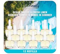 LASENTEUR Recambio de enchufe de fragancia de 12 x 19 ml, compatible con Air Wick y Glade, ambientador para enchufe, frasco de aceite aromático con brisa marina, lino fresco, notas de bosque, viento