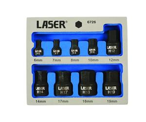 Laser 6726 Low Profile Impact Hex Socket Bit Set 1/4"D, 3/8"D 9pc, Silver