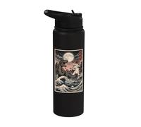 Láser Cat vs T-Rex Japanese Kaiju Battle Luna Llena Stainless Steel Insulated Water Bottle