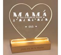LASERO' Lampara Mama Forma de Corazón - Lampara Dia de la Madre y Base Madera Grabada | Regalos Originales para Madres
