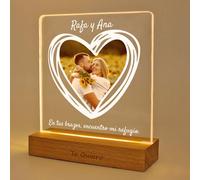 LASERO' Lampara Personalizada con Foto en Forma de Corazón - Impresión UV en Placa Acrílica con Base de Madera LED | Lampara Led Personalizada | Regalo Aniversario Pareja, Mujer o Amigas