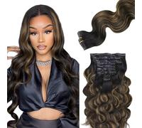 Lashey Extensiones de cabello humano sin costuras con clip, 130 g, 9 unidades, 16 pulgadas, ondulado, negro natural, mezcla de castaño, extensiones de cabello para mujer