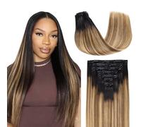 Lashey Extensiones de clip de pelo real, lisas, 110 g, 7 unidades, sin costuras, de color marrón ceniza a rubio miel con raíces oscuras, 55 cm