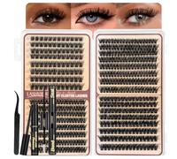 LASHVIEW Juego de pestañas con pegamento, removedor y pinzas de pestañas, kit de pestañas de volumen en racimo, extensiones de pestañas D-Curl, para uso personal en casa, 10 - 16 mm