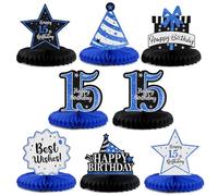 LASKYER Decoración de fiesta de cumpleaños 15, centros de mesa de panal brillante con purpurina, letrero de decoración de fiesta de cumpleaños de quince años. - Purpurina azul