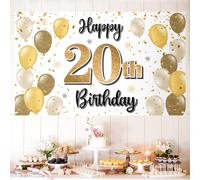 LASKYER Feliz 20 cumpleaρos Decoraciones 20 Globo dorado Gran cartel de cumpleaρos Cartel de fondo Saludos a los veinte aρos Suministros para la