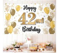 LASKYER Feliz 42 cumpleaρos Decoraciones 42 Globo dorado Gran cartel de cumpleaρos Cartel de fondo Suministros para fiesta de cumpleaρos de 42 aρ