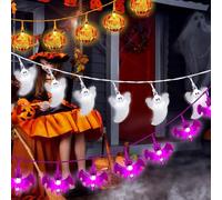 Laspi Guirnalda de luces de Halloween, 9 m, 60 ledes, blanco, fantasma, lila, murciélago, naranja, jack-o-lantern calabaza, luces alimentadas por pilas, decoración de Halloween, decoración de interior