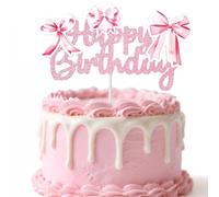 lasuroa Adorno para Tarta de Feliz Cumpleaños con Lazo Rosa, Lazo Con Purpurina Ideal para Baby Showers y Fiestas de Princesas