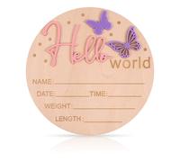 lasuroa Cartel de Anuncio de Bebé, Hello World Madera 15cm Letrero Bienvenida para Recién Nacidos Tarjetas Bebe para Baby Shower Hospital Regalo Guardería o Fotos Accesorios (Mariposa)