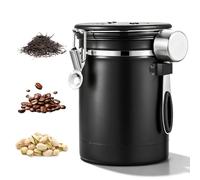 Lata de café hermética, 2,8 L, recipiente para granos de café, recipiente para granos de café con válvula de CO2 y cuchara medidora, caja de café hermética de acero inoxidable con indicador de fecha